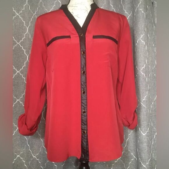 Notations Women's Red Rolltab Sleeve Button Down Top Blouse Shirt - Size S - Picture 1 of 6